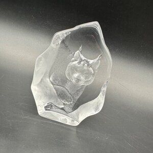Vintage Mats Jonasson Sweden Signed Crystal Lynx Bobcat Clear Glass Sculpture